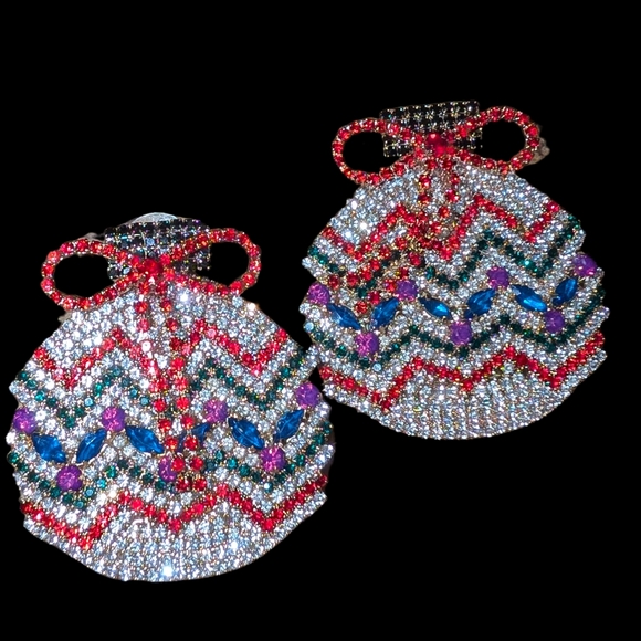 Rhinestone Ornament Earrings w/ Bow Tassels - Picture 2 of 6